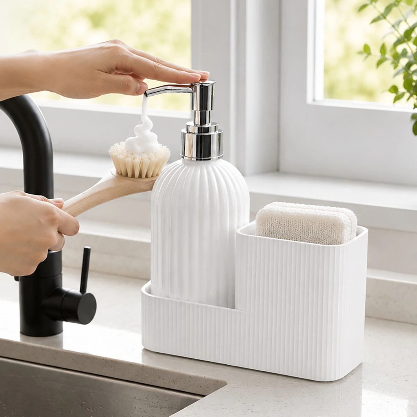 Kitchen Sink Organizer Set with Removable Soap Dispenser, White Ribbed Plastic Liquid Soap Pump and Divided Sponge Holder Caddy