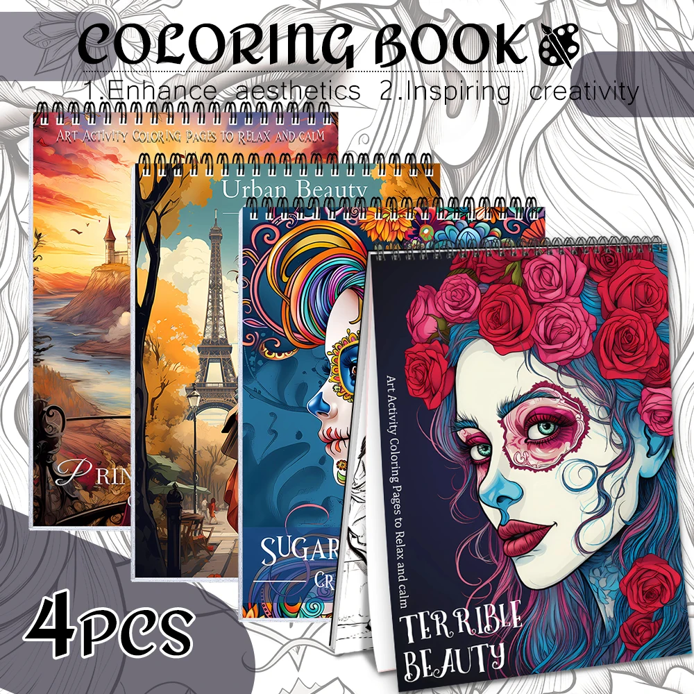 4pcs high quality coloring book set, with princess and horror beauty as the theme, one-sided coloring, luxury gifts.