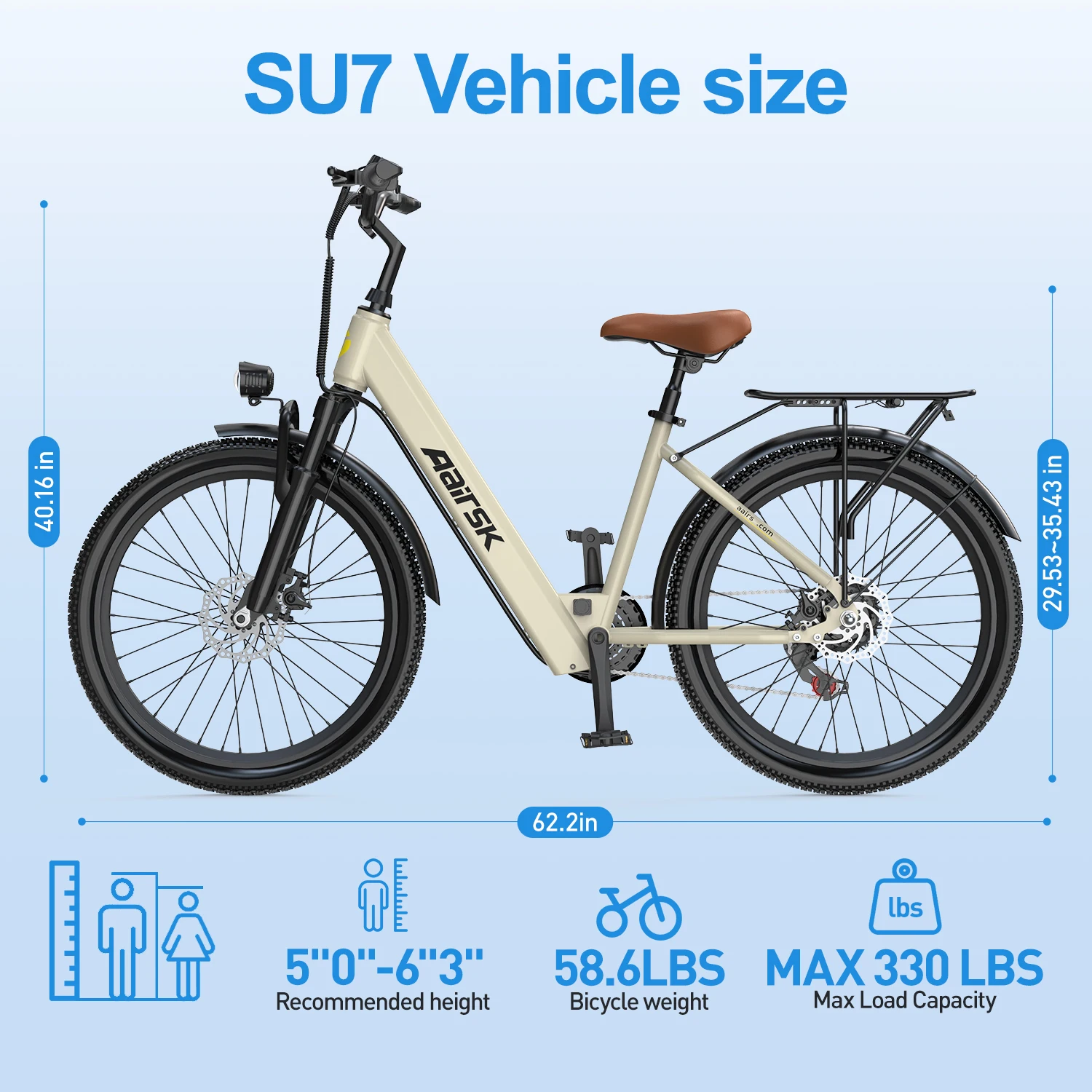 Su7 Urbanes Elektrofahrrad für Erwachsene 36V 13Ah Batterie 60Km Reichweite 7-Gang-Schaltung NFC 24 Zoll E-Bike mit Scheibenbremse