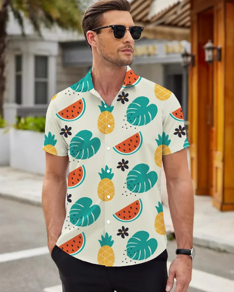 Men's Summer Short Sleeve Shirt Tropical Fruit 3D Printing Comfortable Casual Lapel Shirt Men's Beach Short Sleeve Shirt