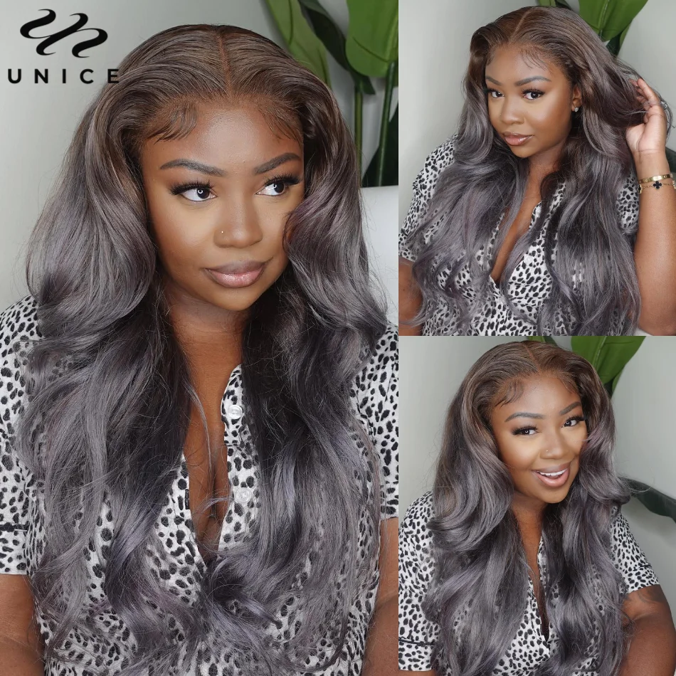 

UNice Hair 13x4 Lace Front Wig Ash Violet With Brownish Babylights Body Wave Wig Human Hair Wigs for Women