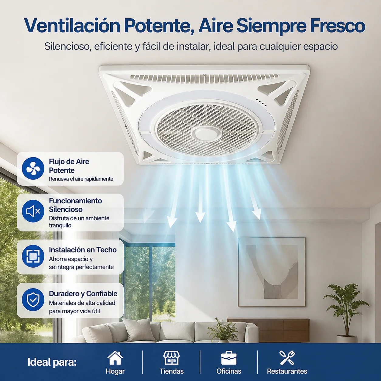Ventilateur de plafond 2-en-1, ventilateur avec lampe LED intégrée, ventilateur de plafond encastré pour la maison, le bureau, la cuisine et tous types d'espaces intérieurs