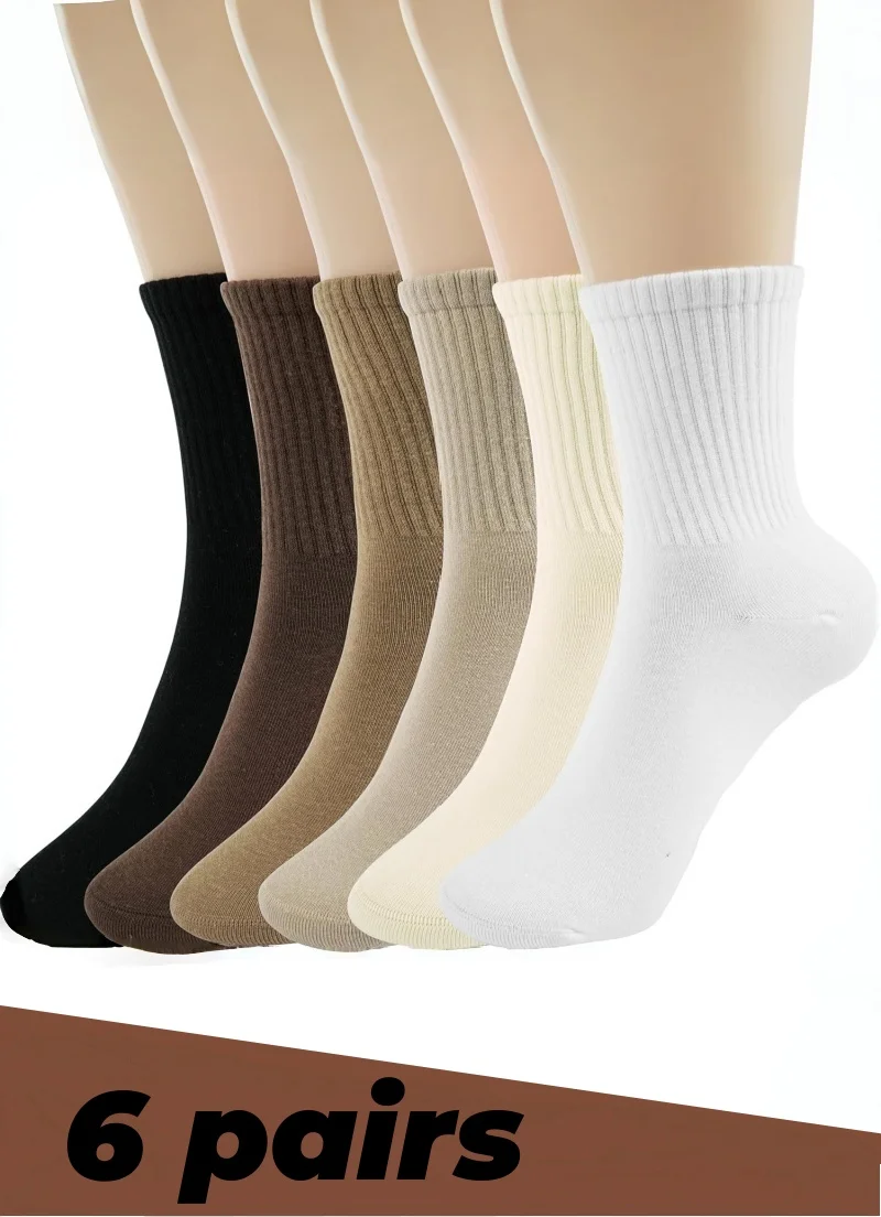 

6 Pairs Earth Tone Mid-Calf Socks Set - Soft Thick Ribbed Knit, Stretchy Multi-Color Unisex Comfort for Daily Wear