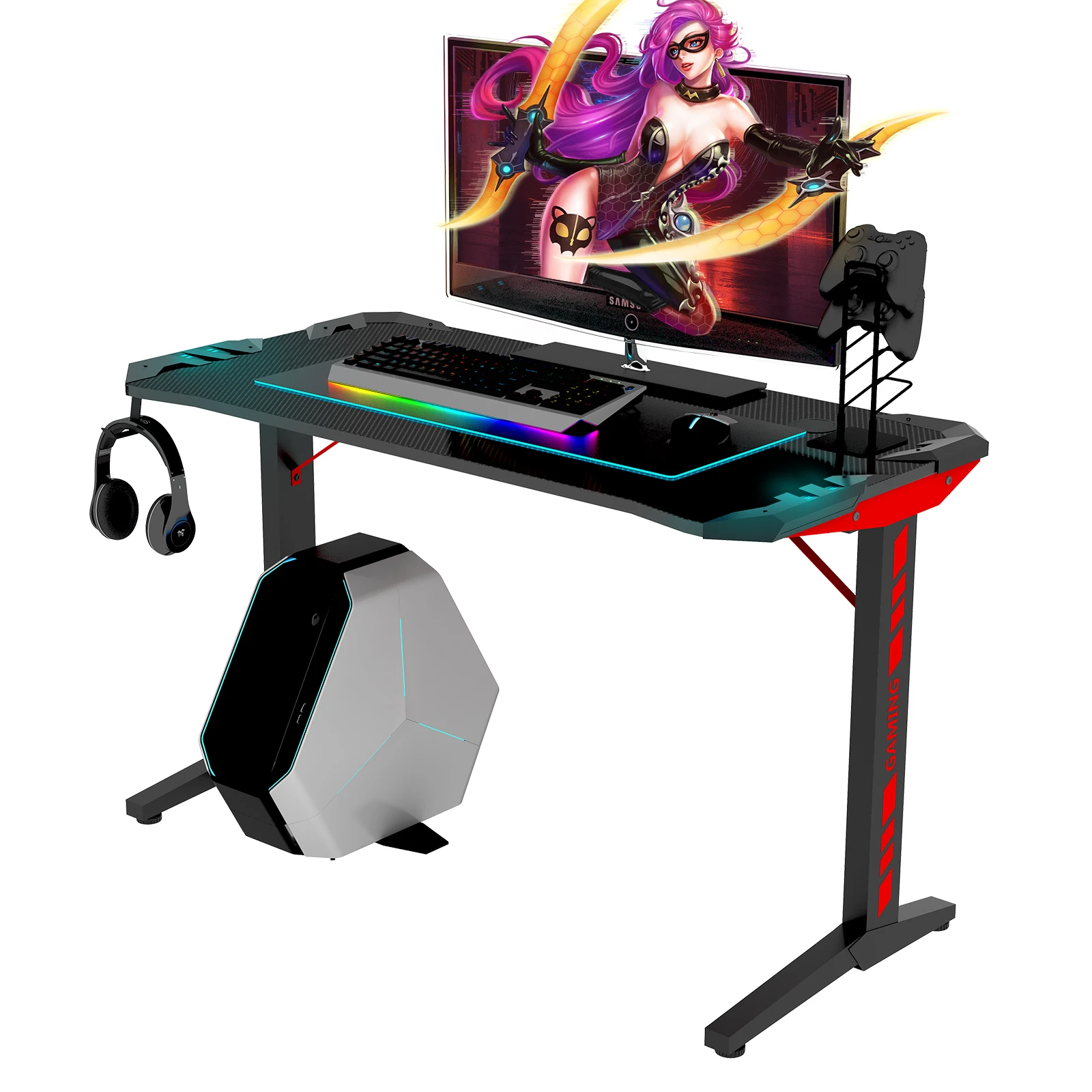 [Flash Sale]High Quality Gaming Table T Shape Black MDF LED Gaming Desk with Headset and Gamepad Holder[US-W]