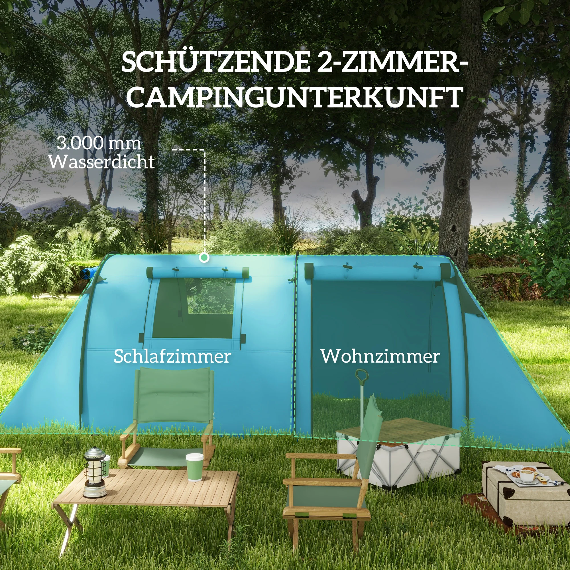 3-4 Personen Familien-Tunnelzelt Wasserdicht 3000mm mit Wohn- und Schlafbereich für Camping Naturwanderung Strand
