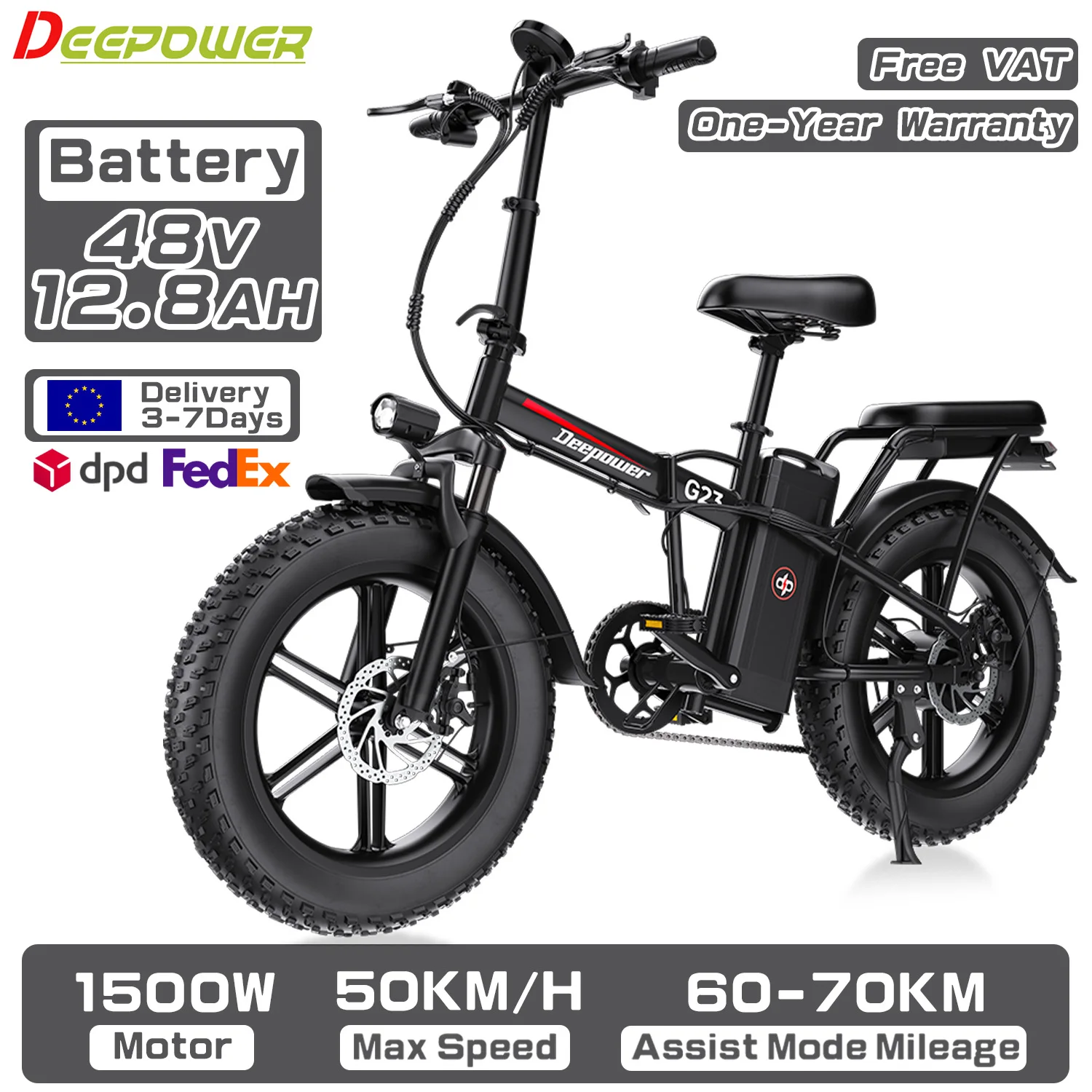 DEEPOWER G23 Opvouwbare Elektrische Fiets voor Volwassenen, 90Nm Koppelmotor, 48V 35Ah LG Accu, Mechanische Schijfremmen, 20×4.0 Fat Tires, All-Terrain E-Bike met Groot Bereik