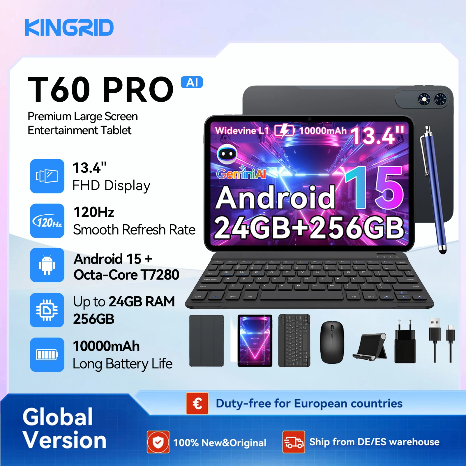 Tablet PC KINGRID T60 PRO con Android 15 y Teclado - 13.4', 24GB + 256GB (2TB TF), 10000mAh, 16MP+8MP, con Ratón… — oferta en AliExpress