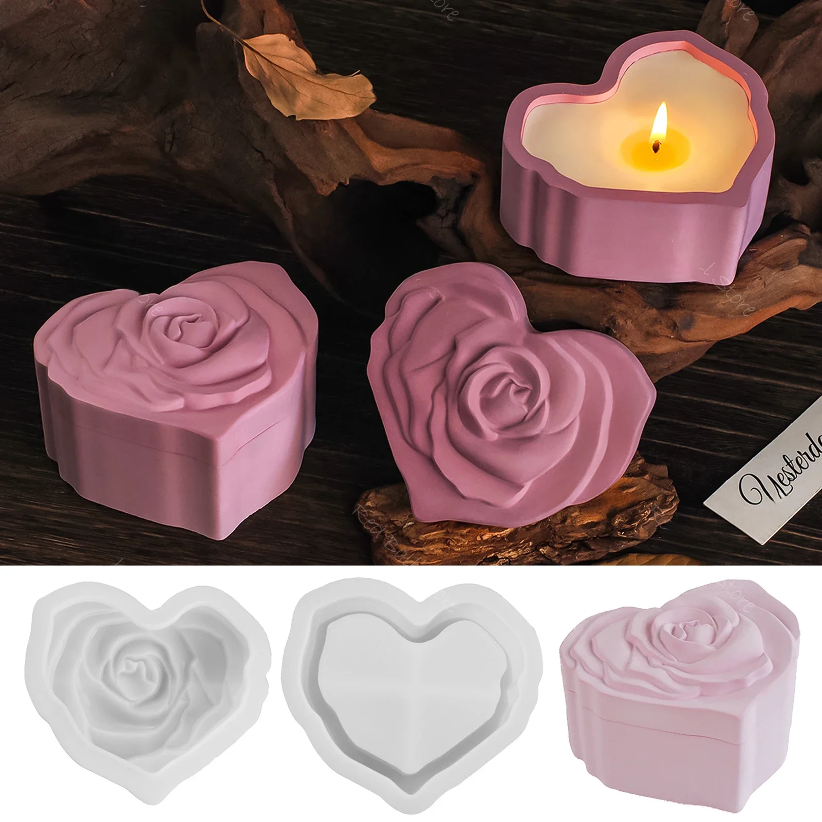 Relief Rose Flower Storage Box Silicone Molds Resin Candle Jar Ornament Mould Love Retro Candle Holder Heart Concrete Cup Mold — zdjęcie 2