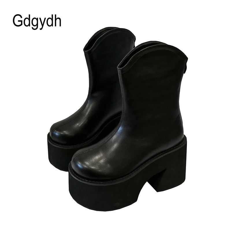 Gdgydh Mid Calf Platform Chelsea Boots Women Chunky Heel Wide Width Back Zipper Goth Shoes Faux Leather Comfy Black Plus Size