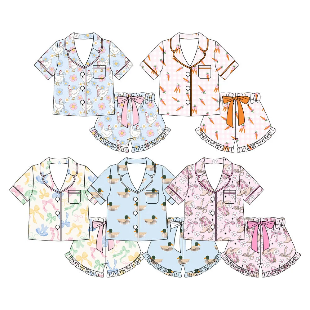 New girls boy boutique children's set short-sleeved shorts with bow girl set Easter bunny carrots cartoon print girl clothing