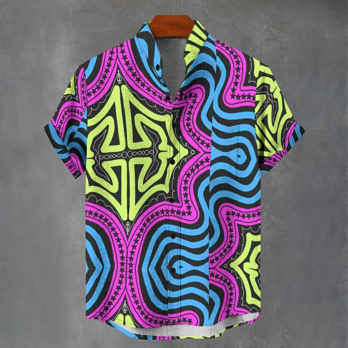 

Men's linen short sleeved shirt, men's button up top, summer casual fashion, novel and beautiful totem pattern print