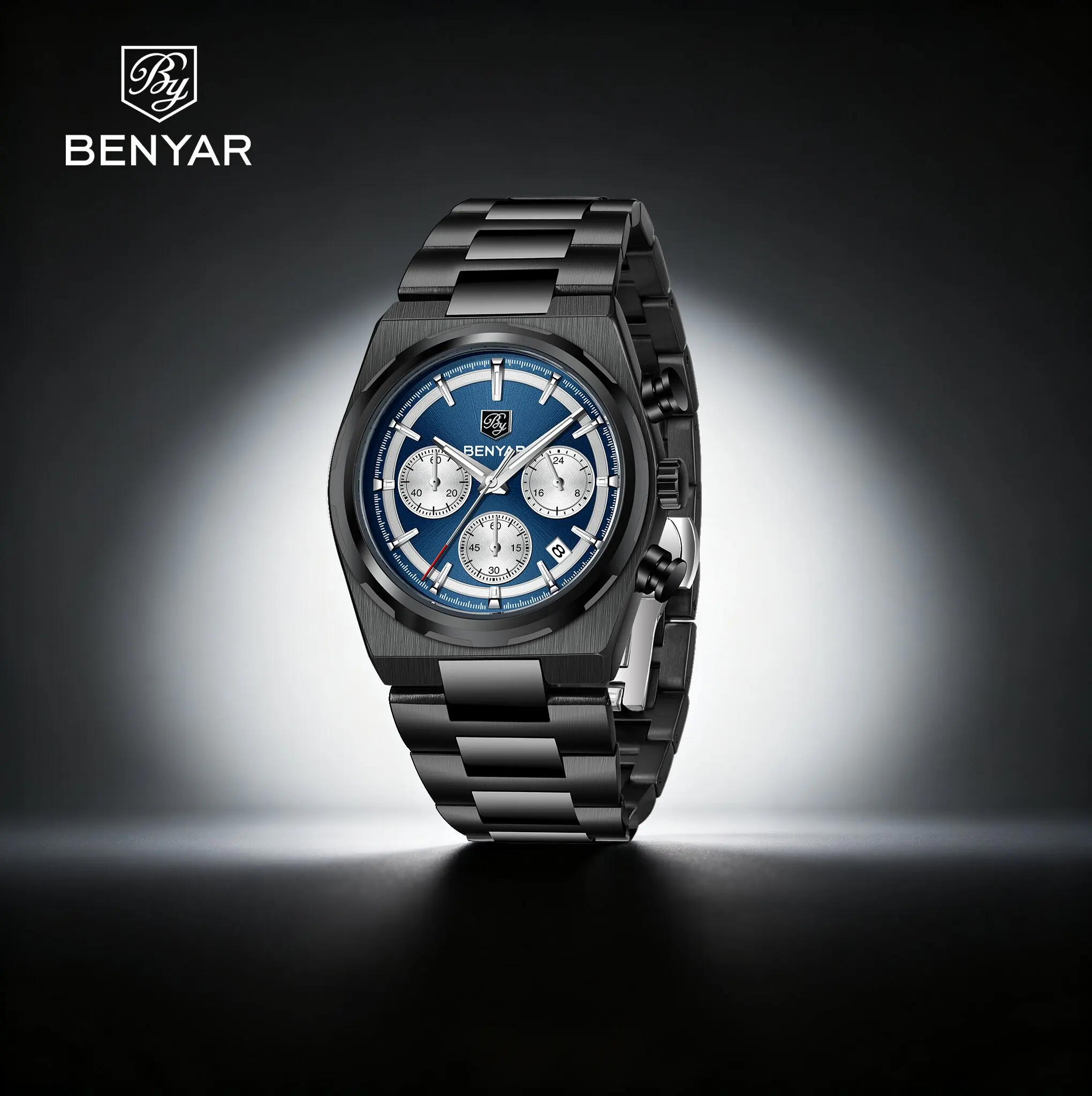 2026 BENYAR Fashion Sport Men Quartz Watch For Men Stainless Steel 3 Sub-Dials Luminous Waterproof Watch For Outdoor Activities
