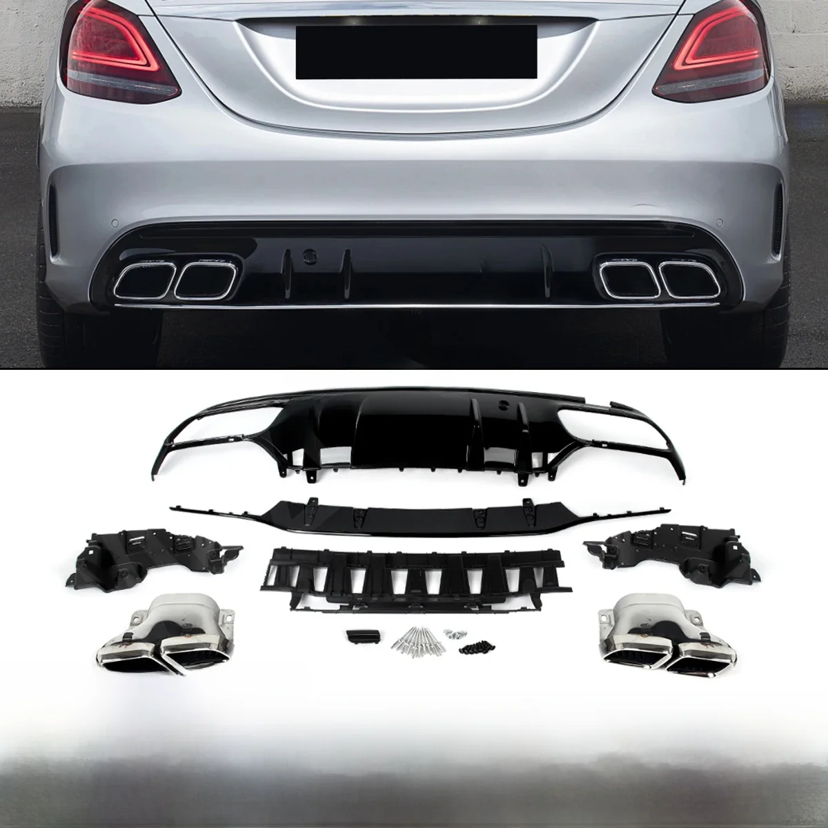 Magickit do Mercedes-Benz C Class W205 Sedan AMG-Line Tylny dyfuzor ze srebrnymi końcówkami wydechu Dyfuzor tylnego zderzaka 2014-21 — 2