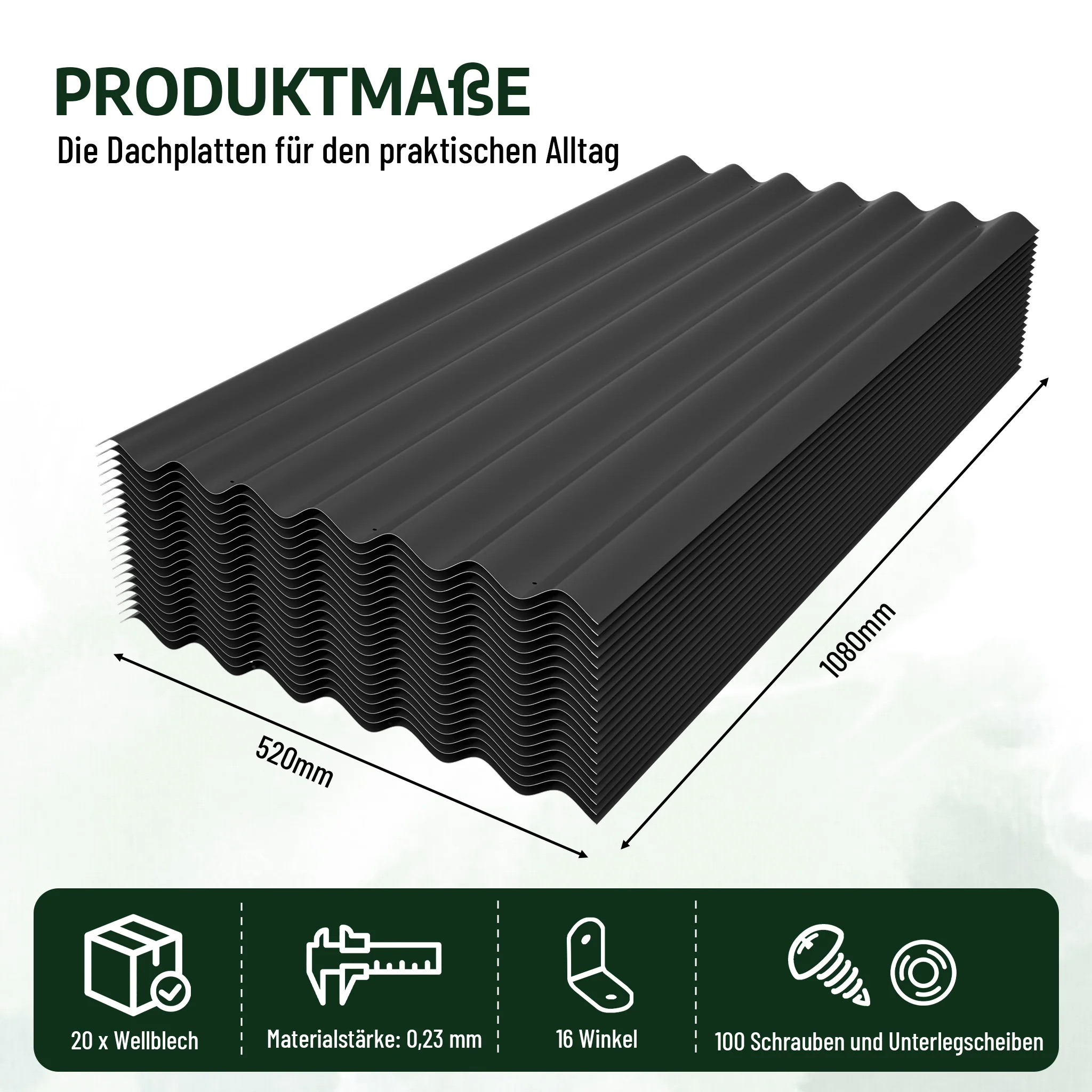 Metalen dakpanelen 22 Stuks 108x52 cm Waterdichte dak‑ en wandplaten Schroeven Zwart Groen Schuren Kippenhokken Terrassen Garages