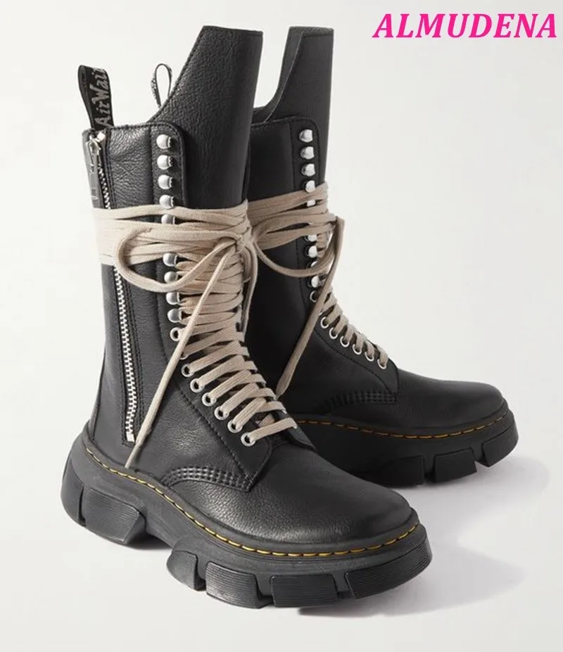 

Black Punk Lace up Rubber Sole Flat Platform Sneakers Leather Mid Calf Boots Cool Big Size 2024 Women's Luxury Designer Shoes