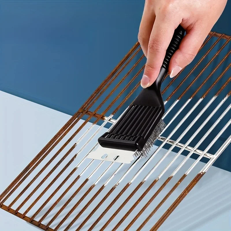 Brosse en acier portable pour livres profonds, nettoyeur de gril, manche en plastique, accessoires de barbecue, gadgets de cuisine, 8 po, Sch, 1PC