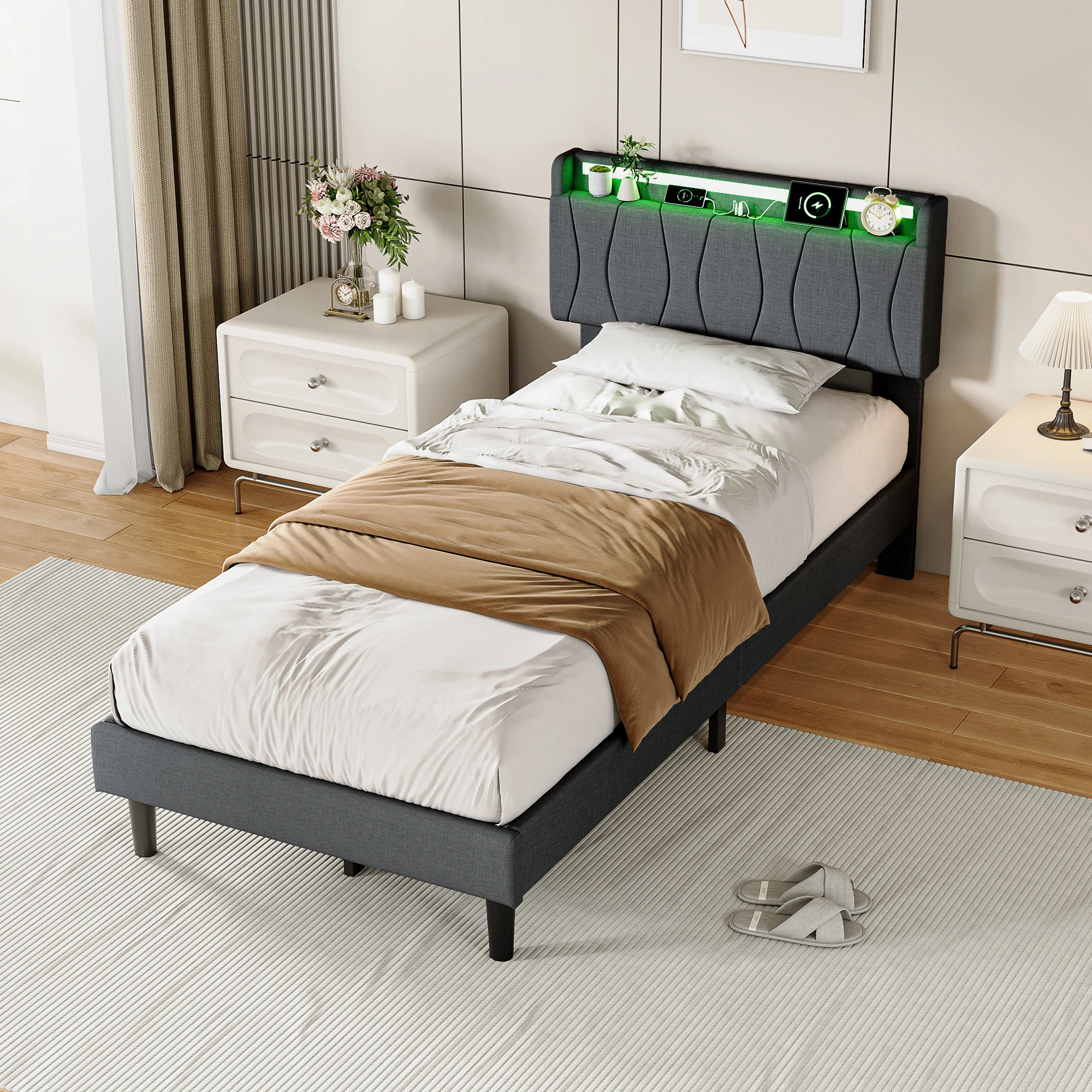 Image of Anajqaqia, 90 x 200 cm Einzelbett, Polsterbett, Bettgestell für das Schlafzimmer, Jugendbett, Apartmentbett, Mietbett, Gästebett, Bett für Bed & Breakfast, Bett für Gästezimmer, Bett für kleine
