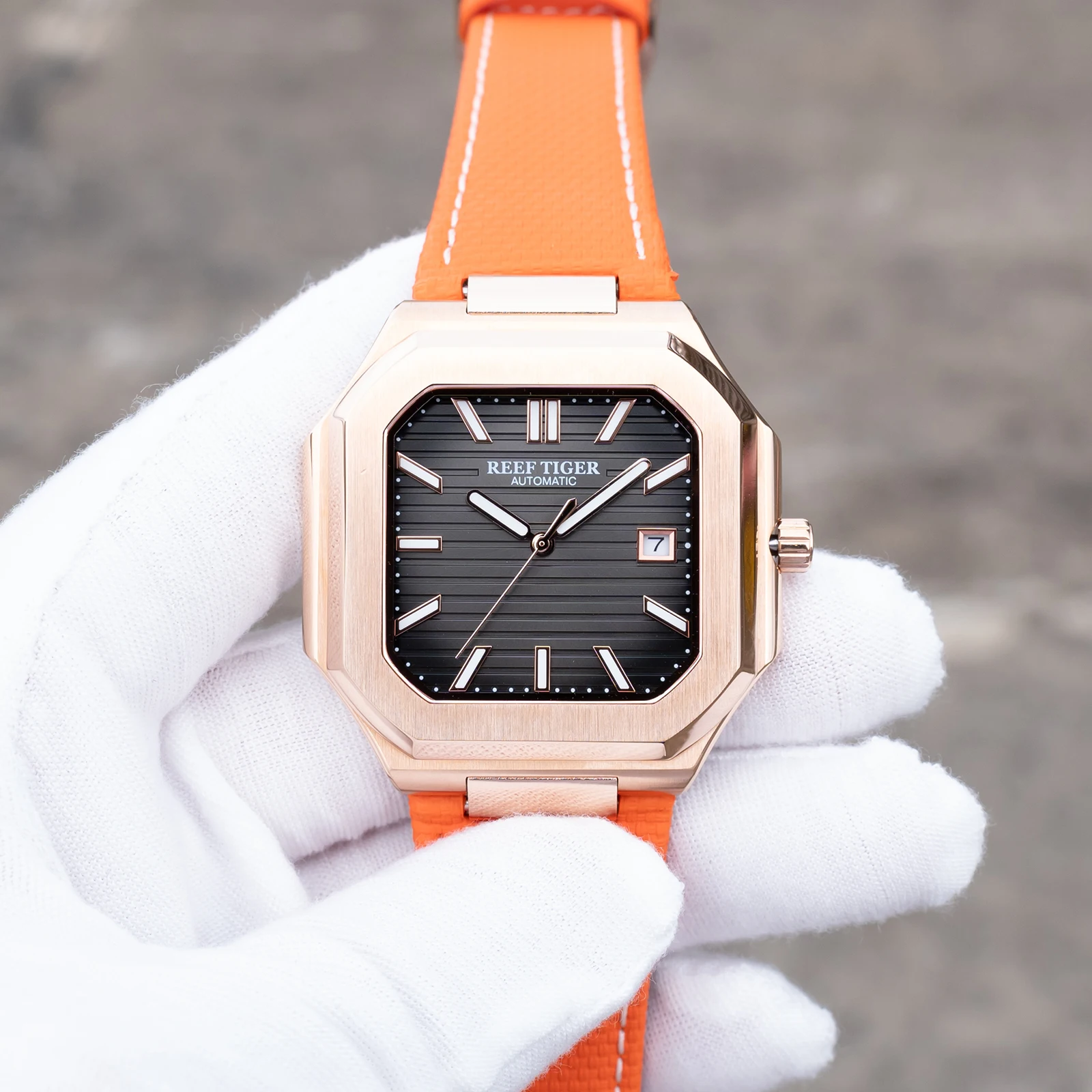 ريف النمر الفاخرة رجالي ارتفع الذهب ساعة مربعة مع تاريخ مضيئة البرتقال حزام من الجلد 50 متر مقاوم للماء الميكانيكية Relojes RGA 2015