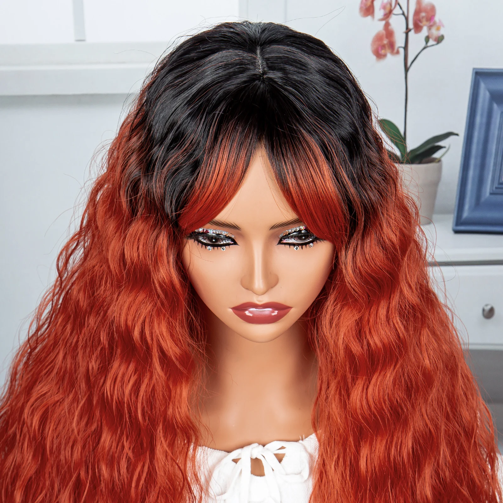 Red Long Wig for Black Women Wavy Wig Ombre Red Curly Synthetic Wigs Dark Roots Glueless Heat Resistant Curly Wigs for Daily Use