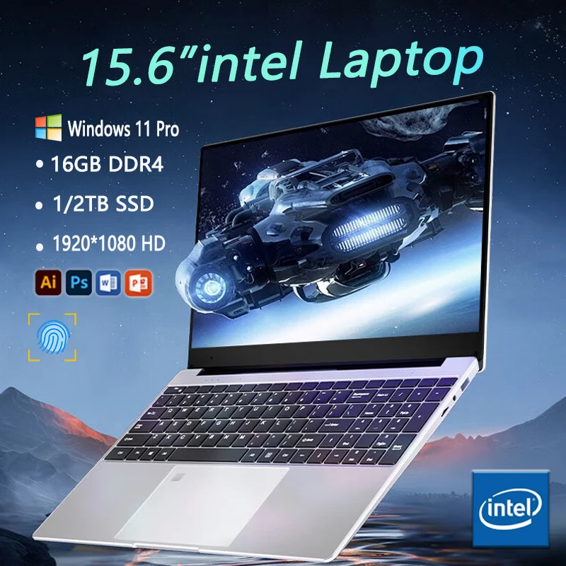 FUCHU 15,6 ''Windows 11-laptops Intel Celeron N4000 16 GB RAM 1 TB SSD-laptop Vingerafdruk ontgrendelen Draagbare zakelijke studielaptop