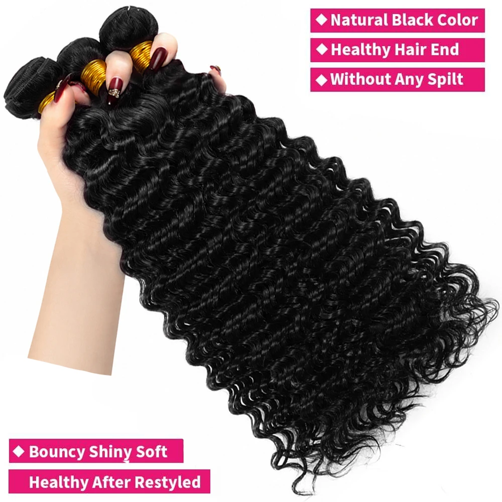 32 Zoll Deep Wave 100% Echthaar-Bündel mit Verschluss, lockig, 3 Bündel mit Verschluss, Echthaar-Extensions und Verschluss, vietnamesisch – Detail 5