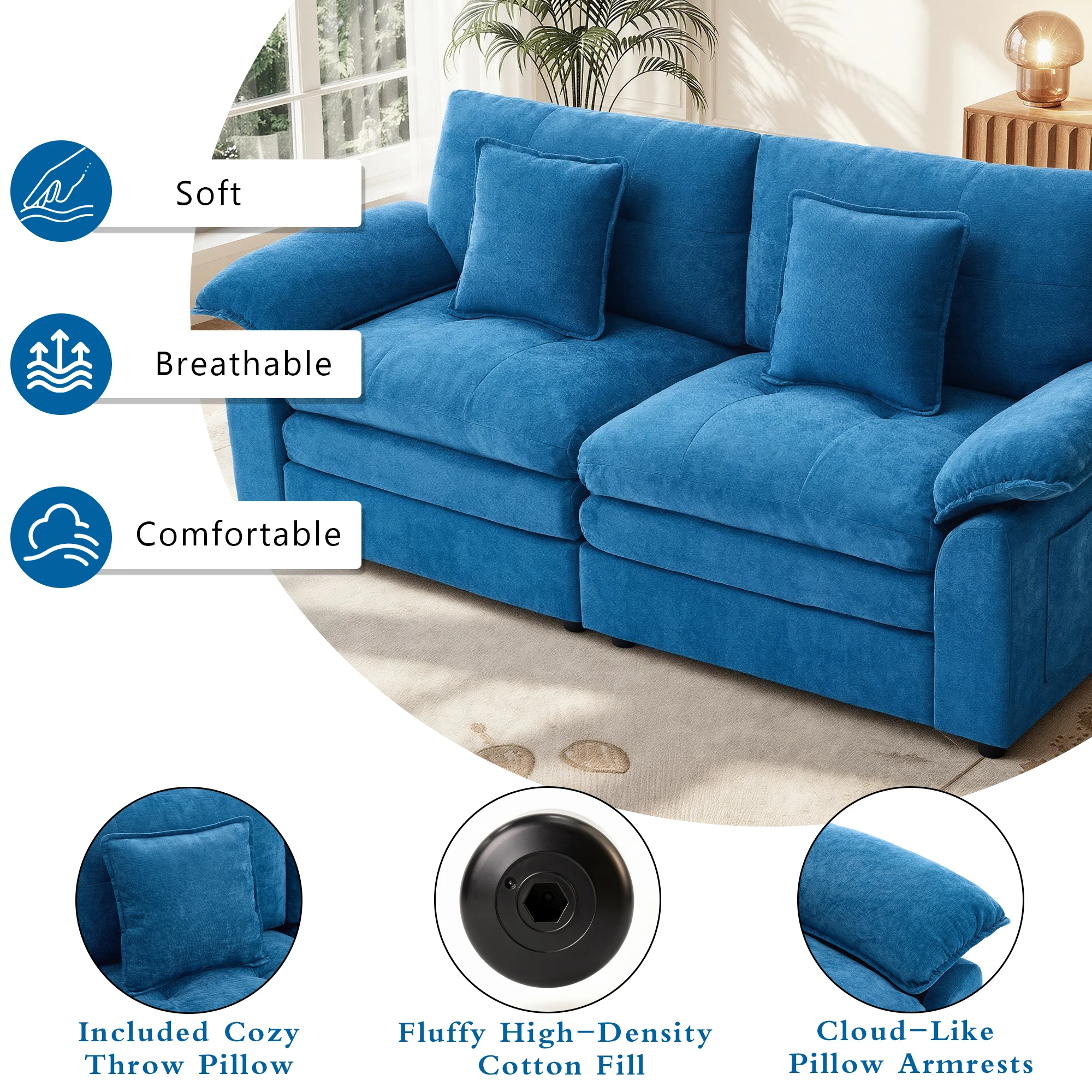 Modern 2‑Seater Modular Sectional Sofa, Breathable Chenille Fabric Couch with Extra Throw Pillows for Small Space Apartment Condo