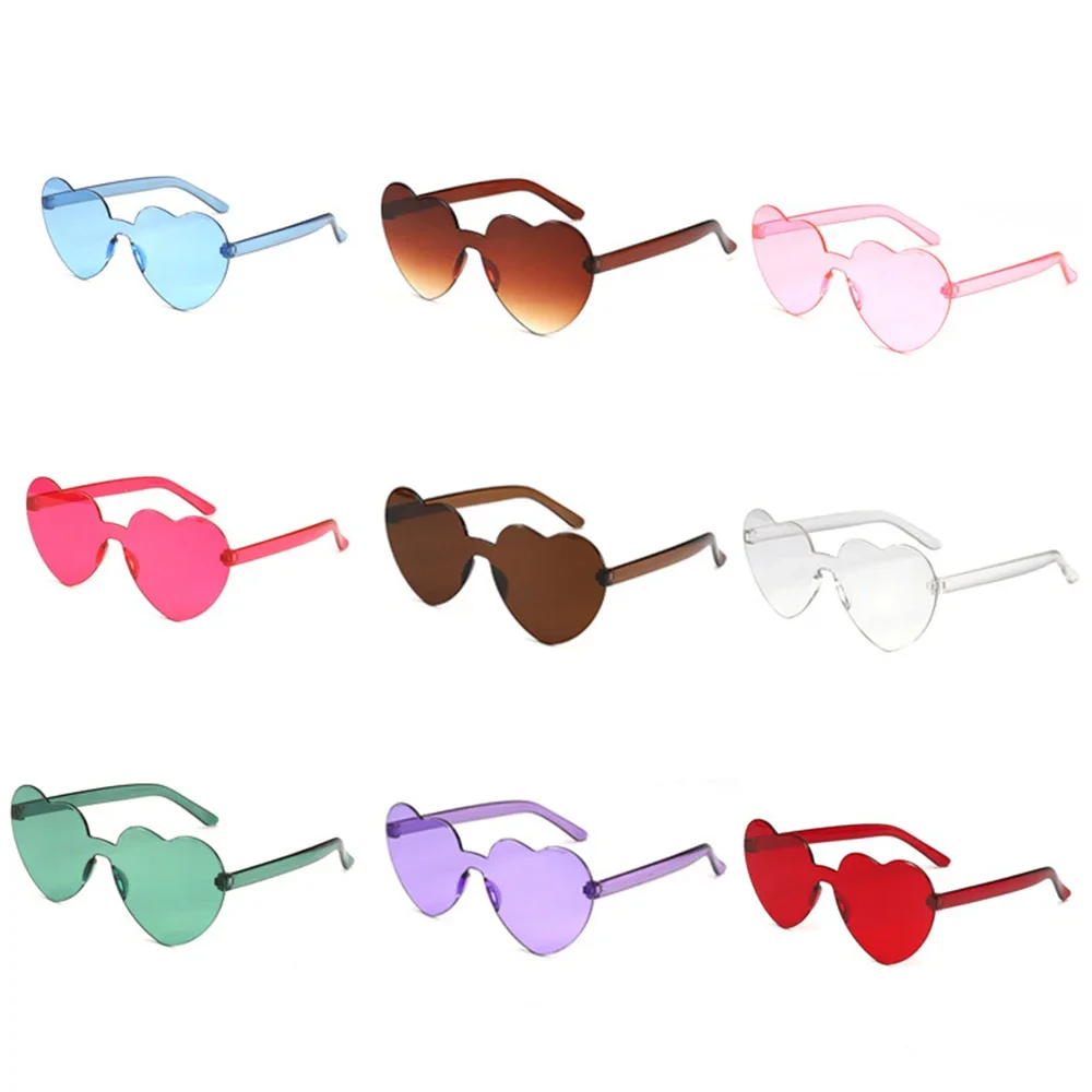 Lunettes de soleil en forme de cœur d'amour pour femmes, monture sans monture, teinte, lentille transparente, lunettes de soleil colorées pour femmes, nuances rouges, roses, jaunes, voyage