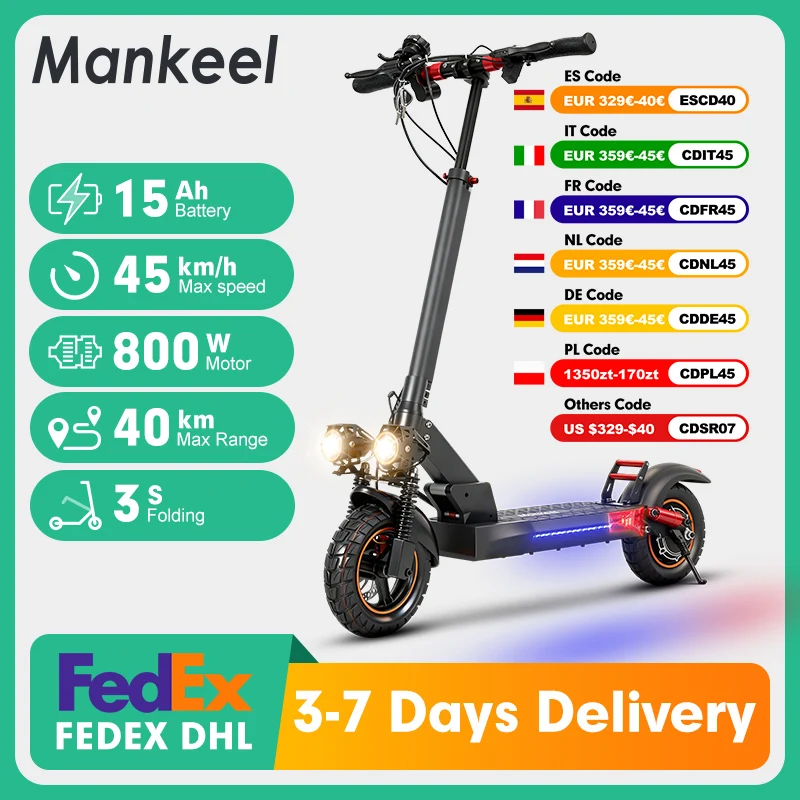 Trottinette électrique 800W 15AH, pneus tout-terrain 10 pouces, vitesse maximale 45 km/h, autonomie 30-40 km, double amortissement, pliable.