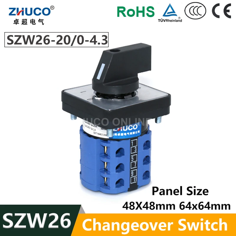 

Переключатель главного трансферного цикла ZHUCO SZW26/LW26-20/0-4.3, размер панели 64/48 мм, 12 контактов, 5 положений, для машин 660В 20А