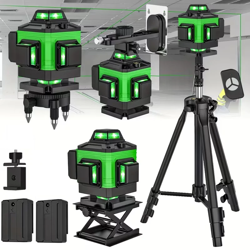 Niveau laser à faisceau vert 4D 16 lignes avec auto-nivellement et batterie au lithium rechargeable pour la décoration intérieure et la construction