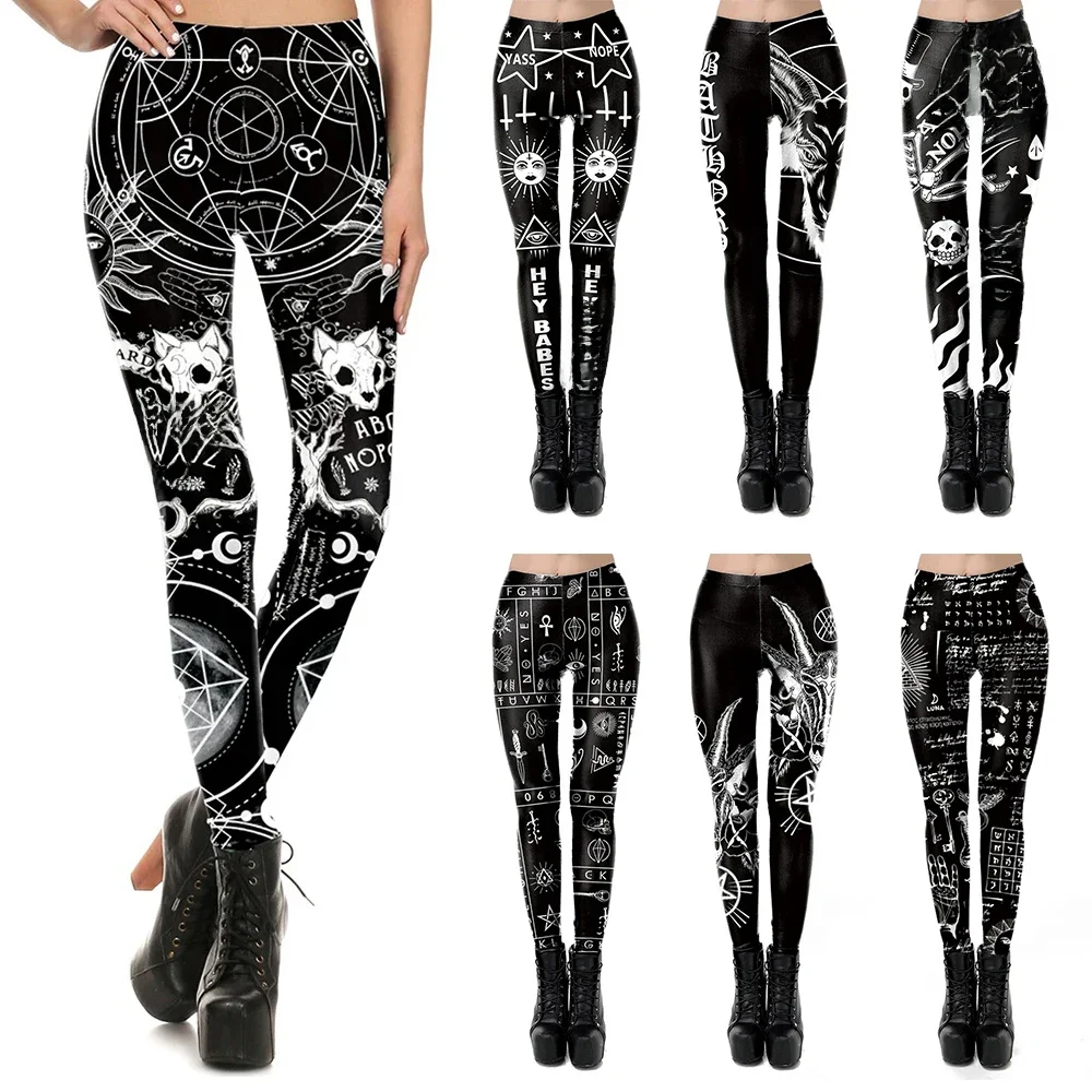 VIP FASHION Woman Gothic Leggings Sexy Steampunk Print Trousers Elastic Vintage Skinny Pencil Pants Ankle Length Cosplay Bottom — zdjęcie 2