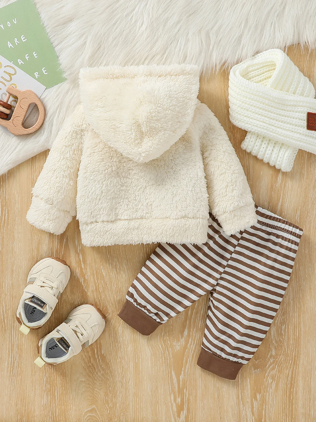 2024 Baby boy cute and casual winter plush long-sleeved Hooded Coat +long Striped pants For Newborn-6M