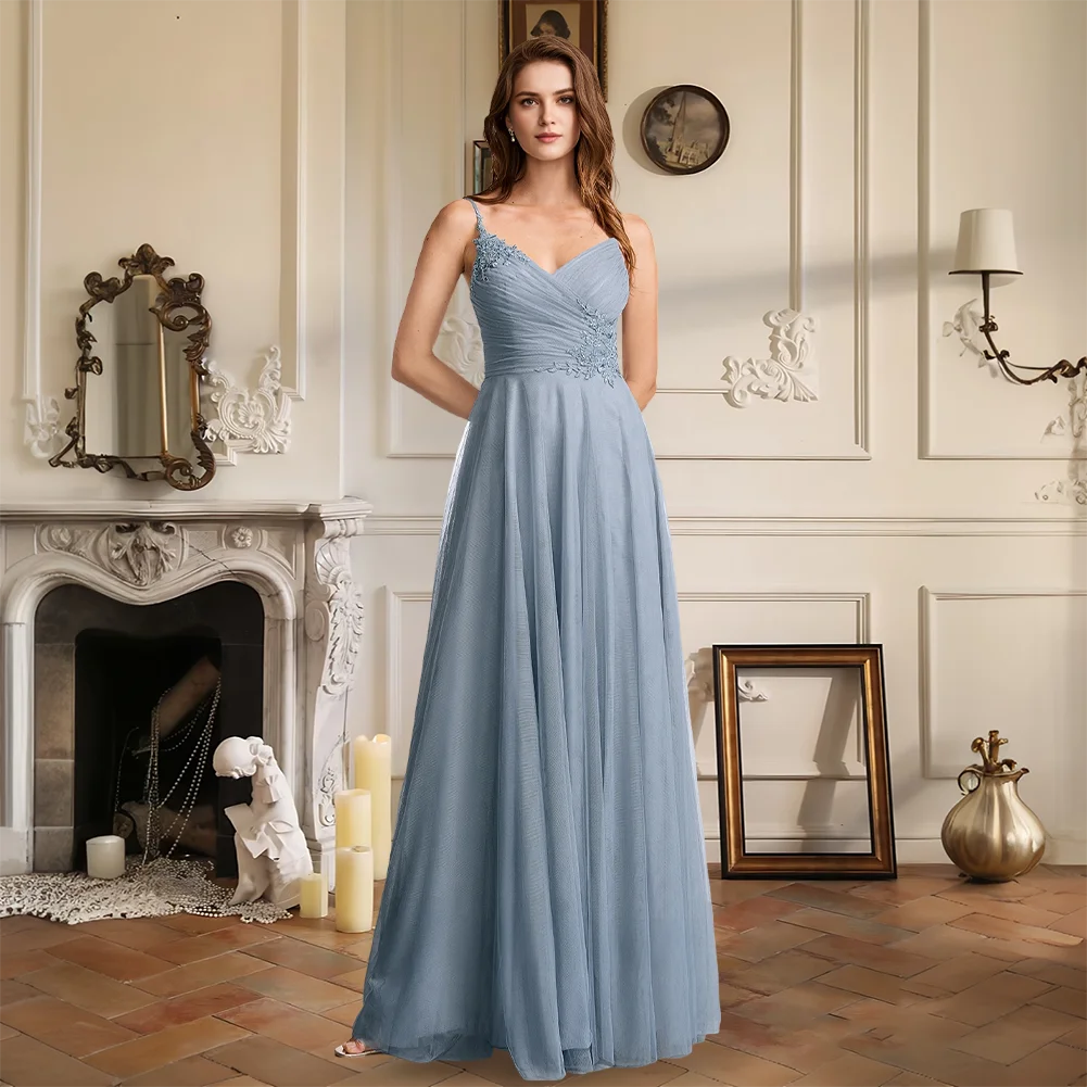 GHK Bridesmaid Dresses A-Line V-Neck Floor-Length Lace Tulle Wedding Guest Evening Party Cocktail Dresses Woman Wedding Party