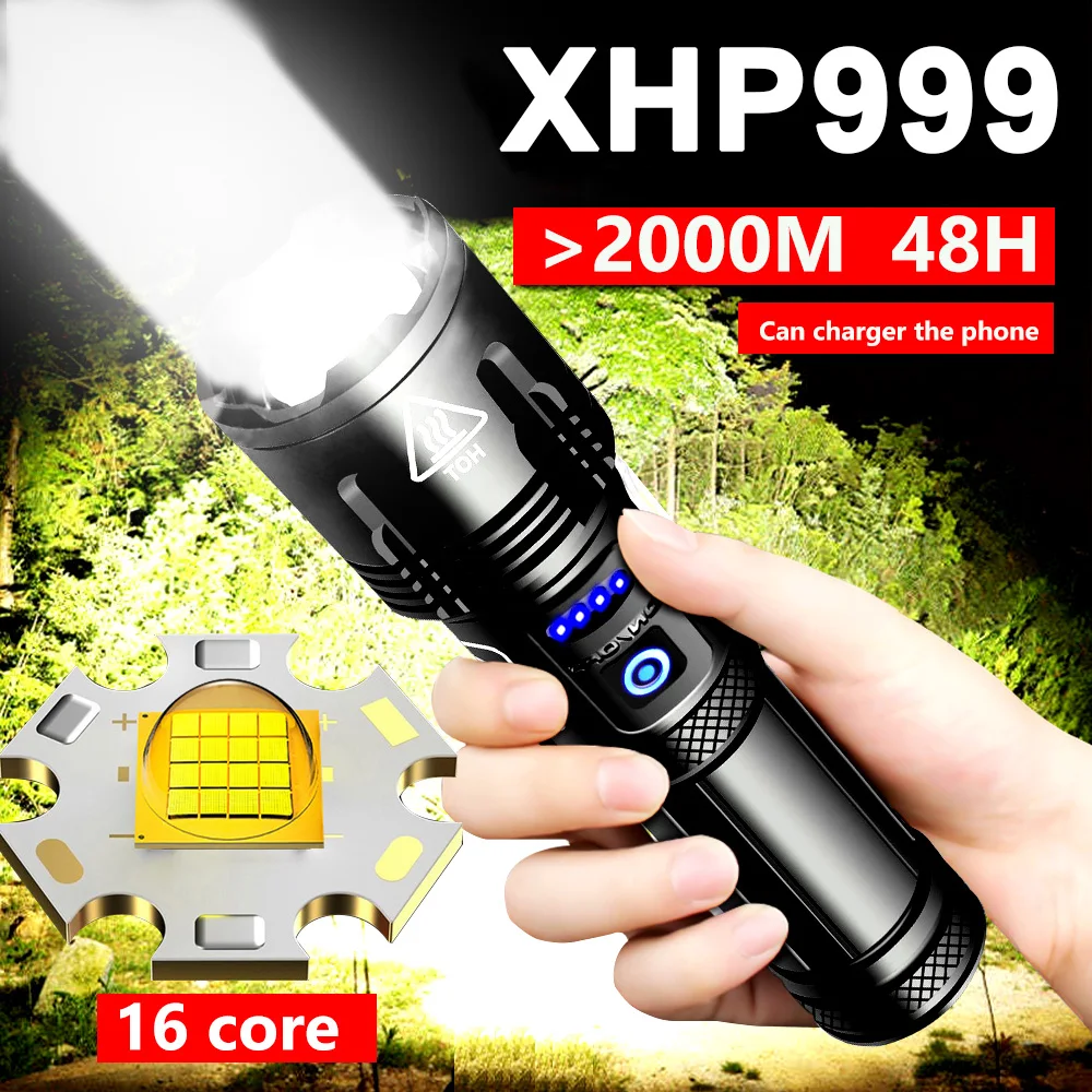 10000000LM Most Powerful LED Flashlight XHP999 High Power Torch Light Rechargeable Tactical Flashlight 18650 USB Camping LampCOB