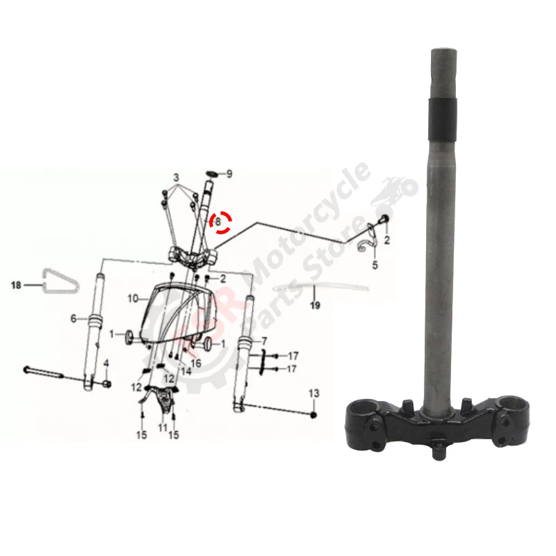 عمود التوجيه، يناسب SYM XS110T-A TAKING 50 MIO 50I FS05W، P/N:53200-XLA-000، STEM COMP