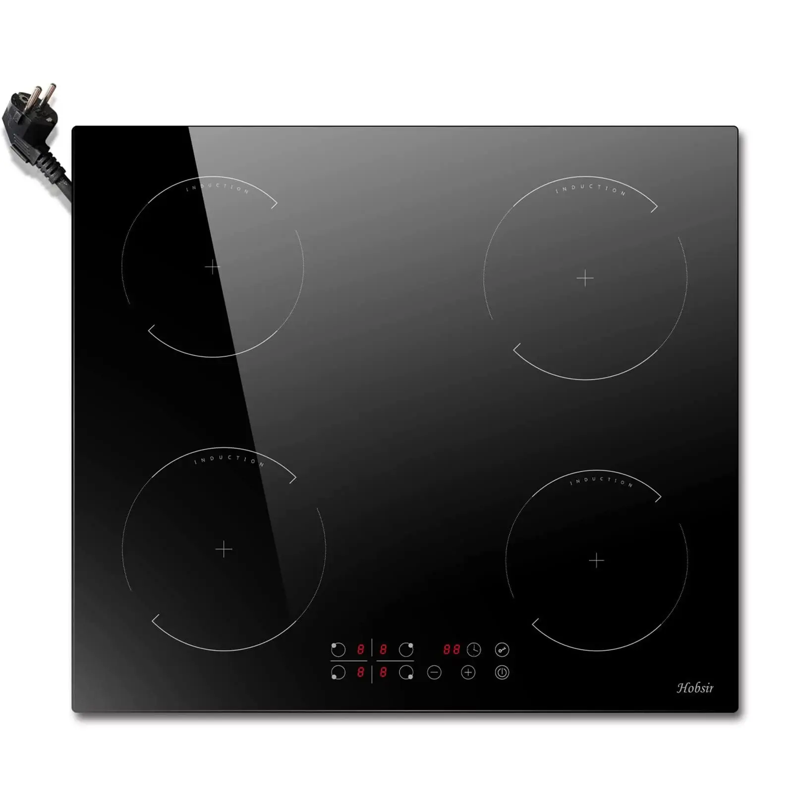 Hobsir Placa Inducción 4 Fuegos con Enchufe, 3500W, 9 Niveles Potencia, 60cm, Integrado con Enchufe, Control Táctil, Temporizador, Seguro para Niños, Cristal Negro