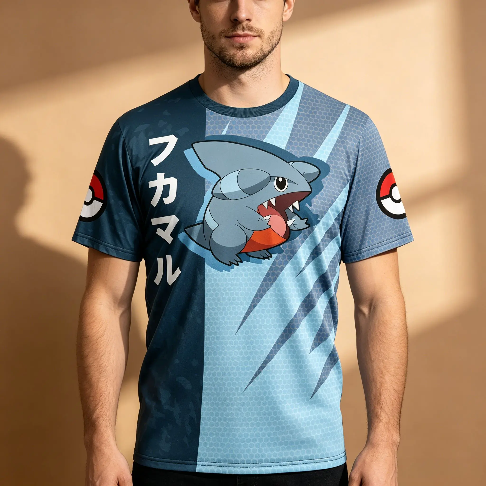 Zweifarbiges, vollständig sublimiertes Anime-Grafik-T-Shirt für Herren, Pokemon Gible-Print, Pokeball auf den Ärmeln, vertikales japanisches Kanji-Design, weich