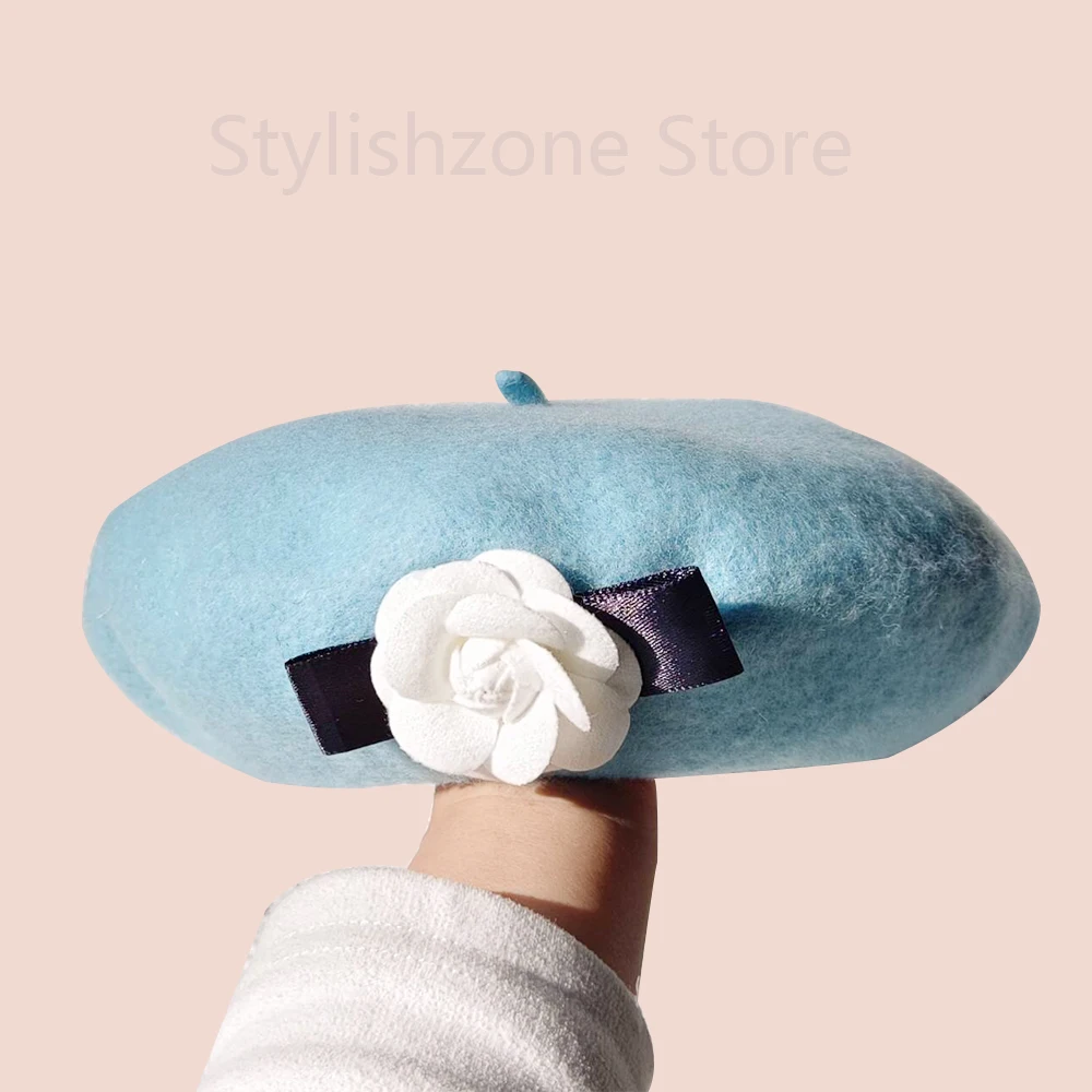 Beret Autumn/Winter New Vintage Solid Color Painter Hat Sweet Girl Hat Female Camellia Elegant temperament British