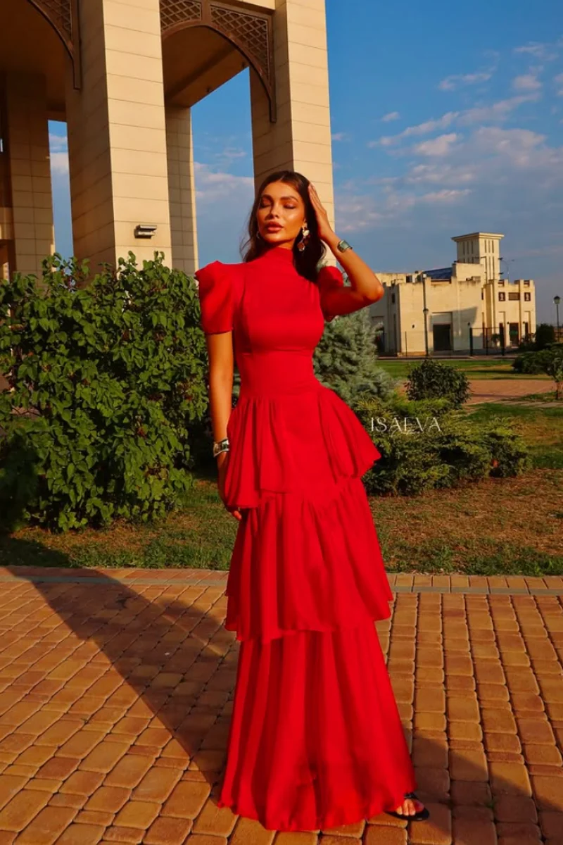 Jessica Short Sleeves And Turtleneck Evening Dresses Red Hand-layered Prom Dresses Women's Formal Party Dresses Customized