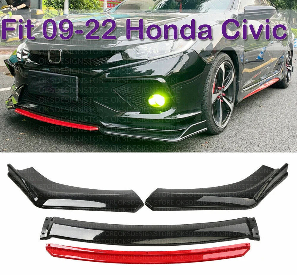 

For Honda Civic 2016-2020 Sedan/Hatchback Front Bumper Lip Spoiler Glossy black + red lip ABS PLASTIC