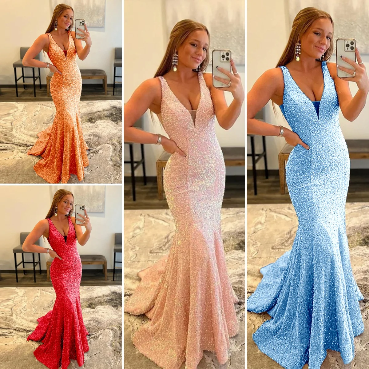 

Sparkly V-neck Mermaid Cocktail Dresses Spaghetti Straps Ruched Ruffles Party Dress Backless Court Train Long Evening Gowns 2024