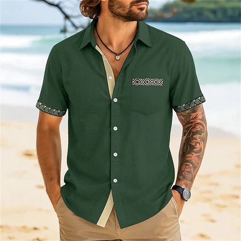 Men's shirt linen shirt summer shirt beach shirt plaid holiday casual white pink navy blue light blue