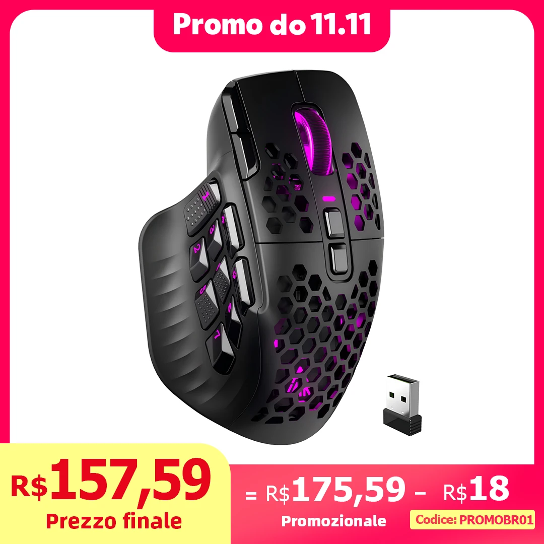 SOLAKAKA SM809 Pro Wireless MMO Gaming Mouse PAW3311 16 Side Buttons 24000 DPI RGB Honeycomb Programmable Macro Wireless mouse