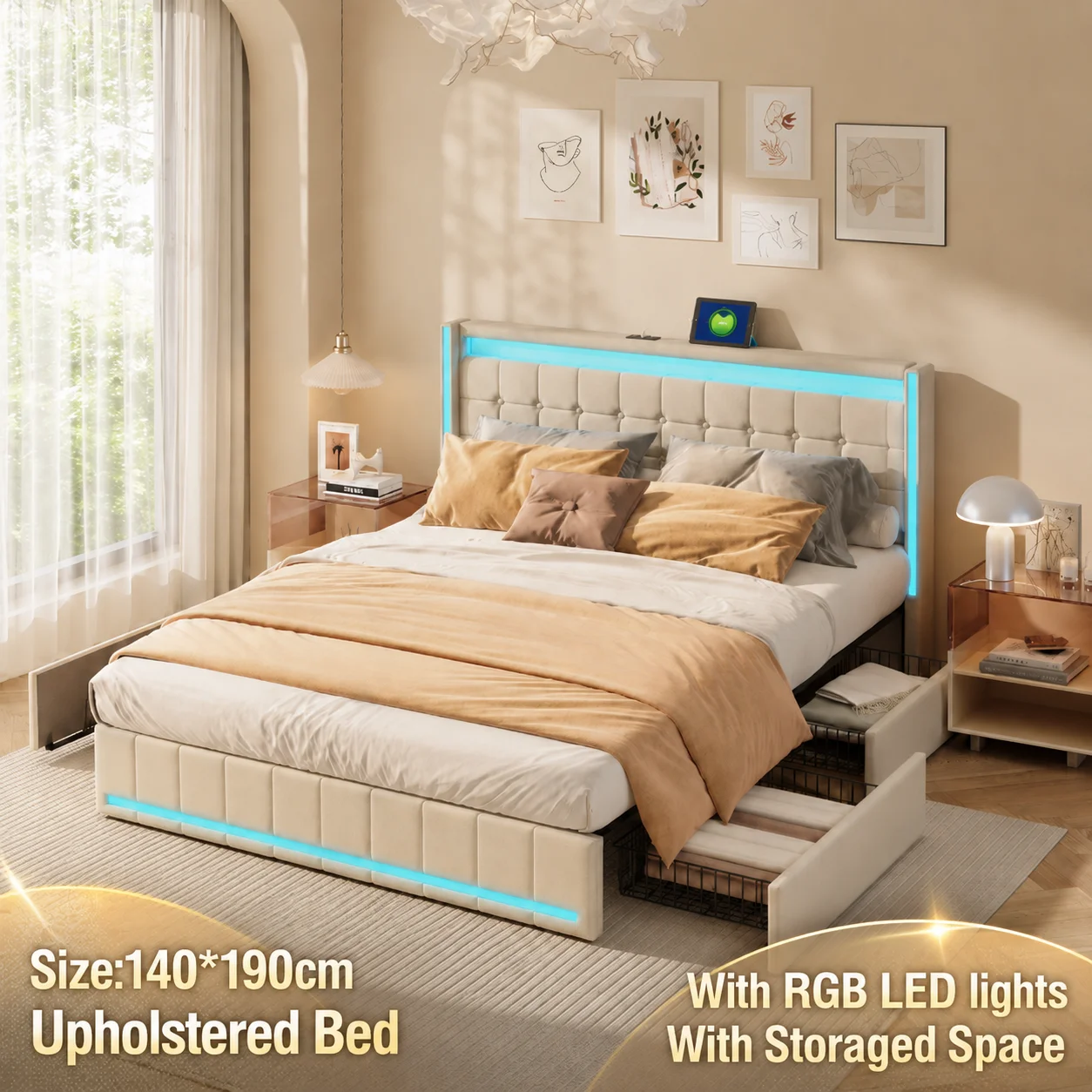 Cama Tapizada 140x190 con Luces LED y Puerto de Carga USB, Cama Doble con 4 Cajones, Camas Acolchadas 140x190 cm con Cabecero y Base de Láminas, Cama con Almacenamiento Apta para Adultos y Adolescentes, Lino