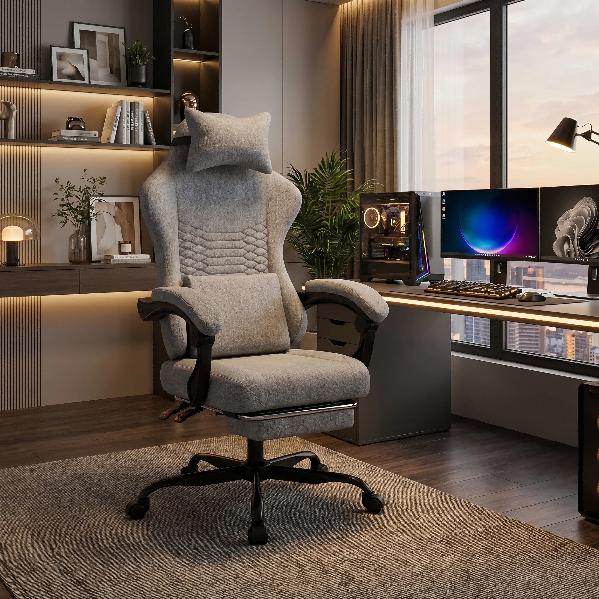 Chaise de bureau en tissu, ergonomique, réglable en hauteur, avec appui-tête et repose-pieds, chaise de jeu massante, siège de course avec dossier réglable (90-135) ° ) Jusqu'à 136 kg - Noir
