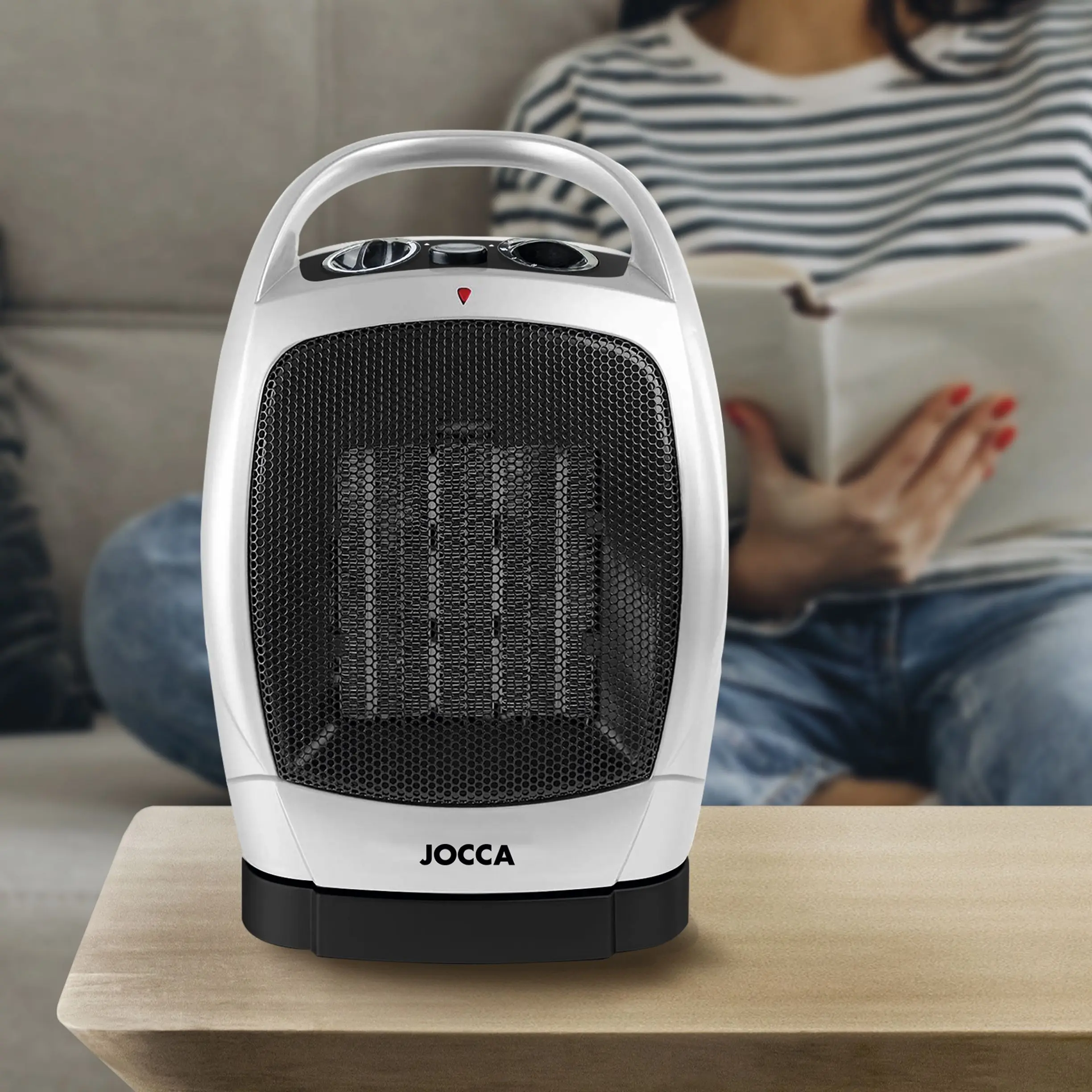 سخان السيراميك مع الحرارة وظيفة مزدوجة ومروحة من العلامة التجارية جوكا من تصميم مدمج ومريح ، 60 درجة التذبذب وترموستات قابل للتعديل. المبرد المحمولة مع لوحات السيراميك لفصل الشتاء.