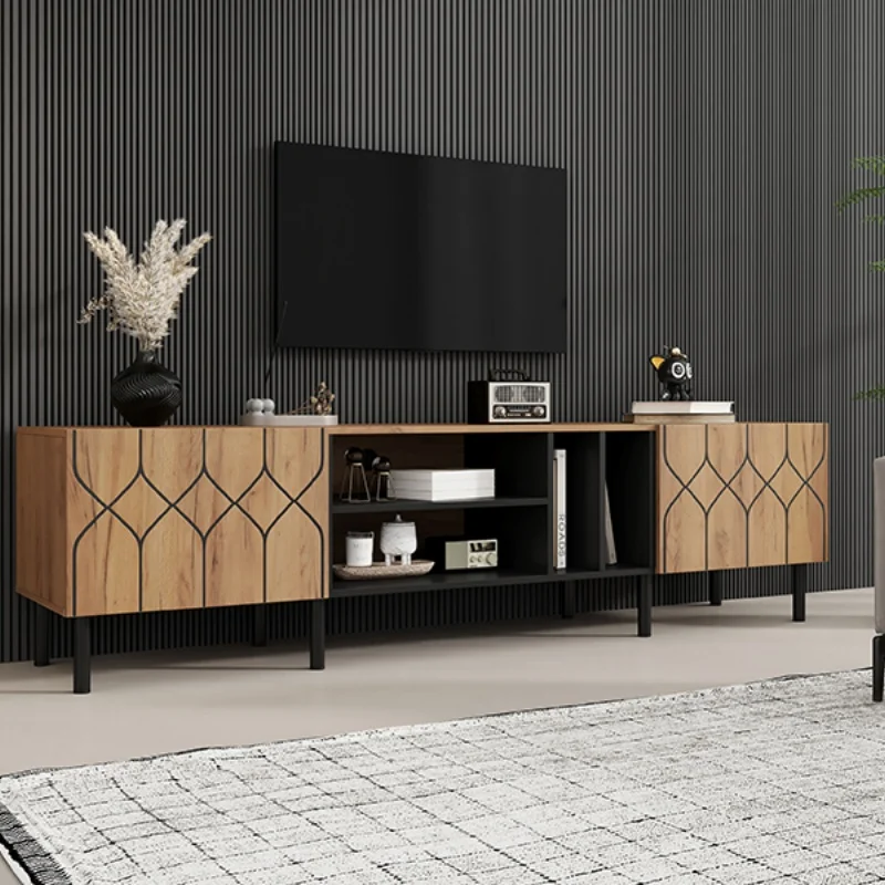 Meuble TV moderne 180x40x50cm en bois naturel et noir, 2 portes, 4 compartiments ouverts, en aggloméré, meuble TV bas pour téléviseurs jusqu'à 70 pouces, meuble de salon