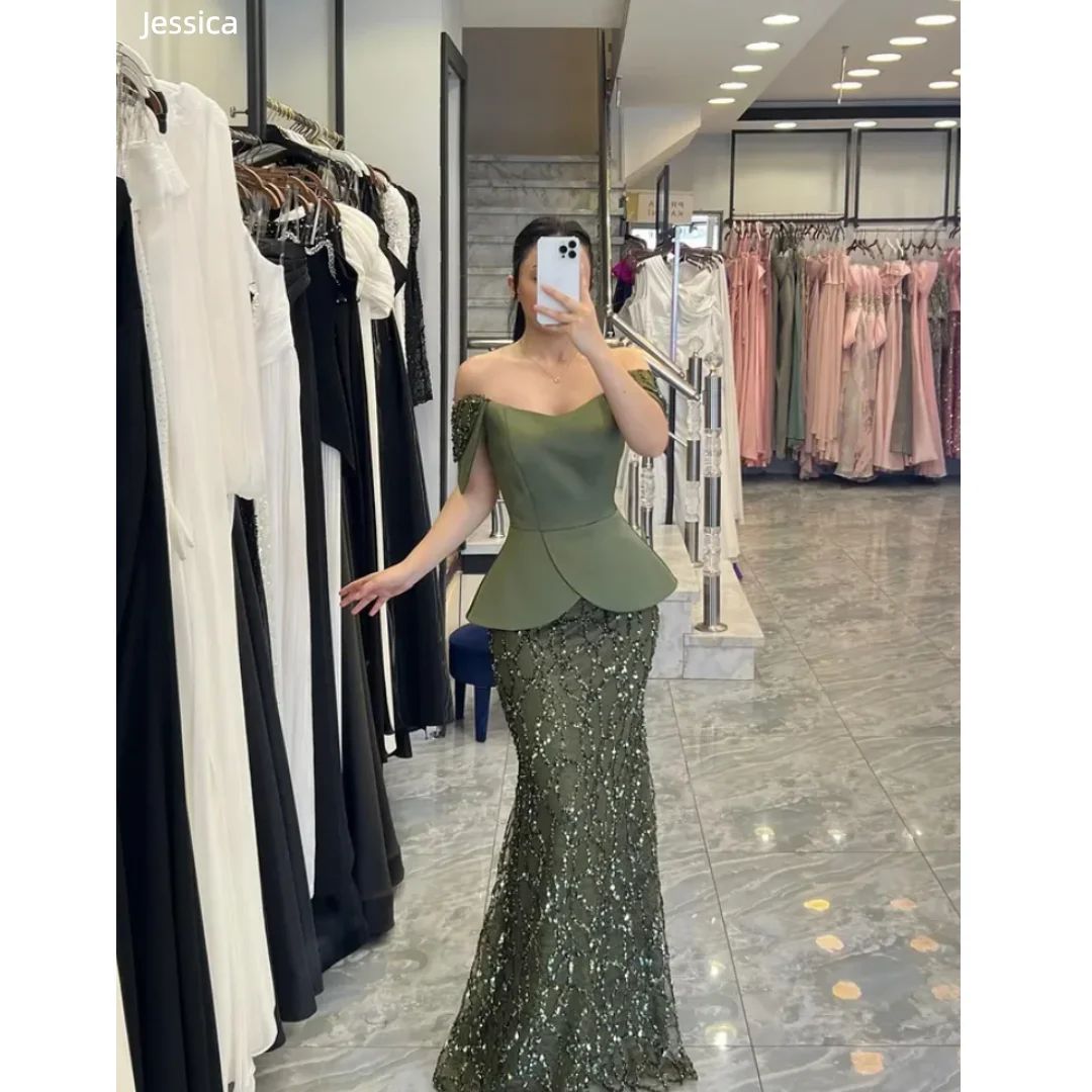 

Jessica Glamorous Formal Occasions Evening Dresses Green Shimmering Tulle with Sequins Prom Dresses Women Party Dresses