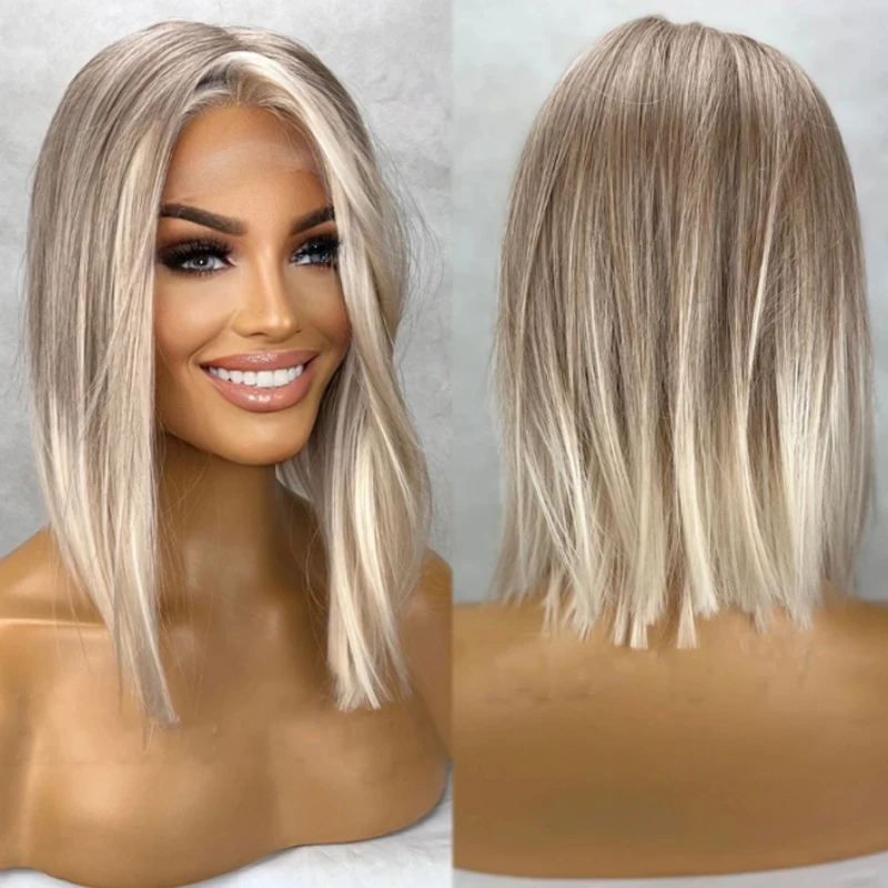 Synthetic Hair Ash Blonde Bob Wig White Balayage Highlights Blend Wigs Straight Center Parting 180% Density Lace Front wigs