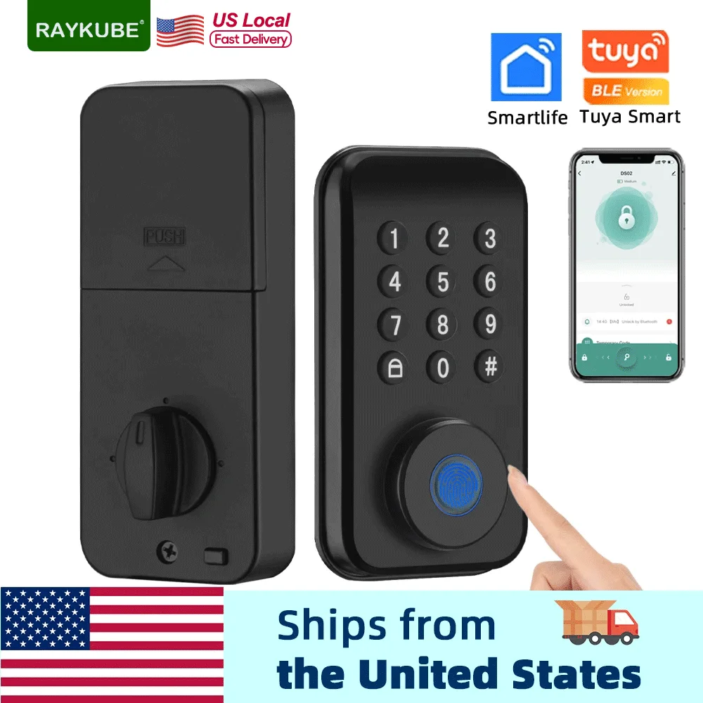 RAYKUBE DS02 Tuya Smart Fingerprint Deadbolt Electric Lock with Latch Auto Lock Key/Password/ Tuya APP Unlock Delivery From USA.